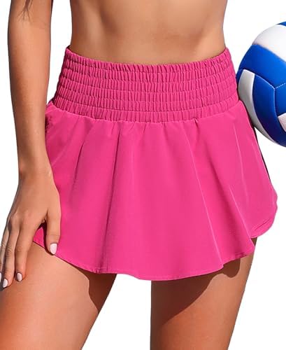 Womens High Waisted Swim Skirt Shorts with Zipper Pocket in Rose Red