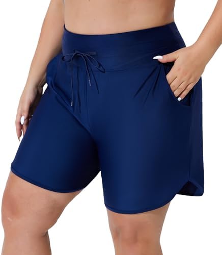Plus Size Swim Shorts for Women High Waisted Board Shorts Tankini in Navy Drawstring